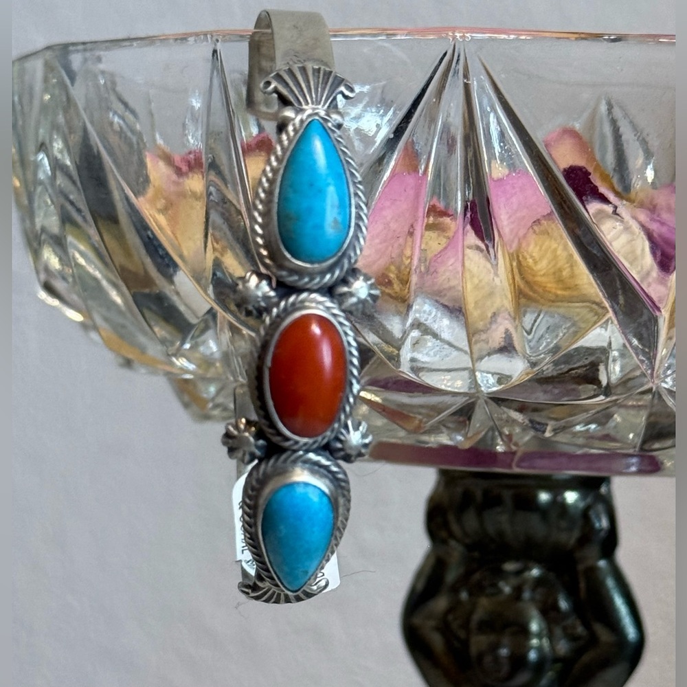 NWT Navajo Handmade Bracelet Bobby Platero Kingman Turquoise Coral Sterling